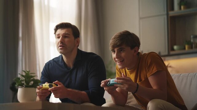 Upset woman scolding husband and teen son for gaming addiction, parental control