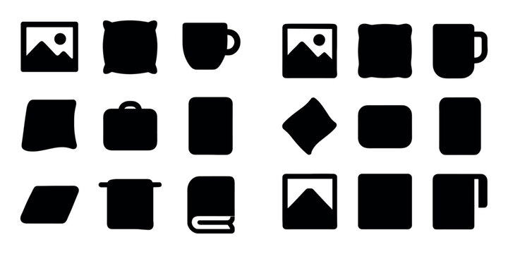 Office and multimedia vector icons with pillow, cup and book for web design in solid icon style