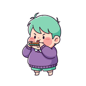 Cute Cartoon Child Playing Colorful Harmonica Joyfully.