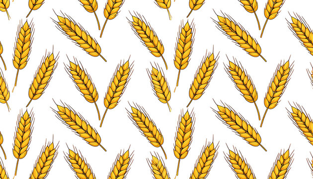 Seamless pixel art pattern of golden wheat ears on a white background, evoking harvest and agriculture