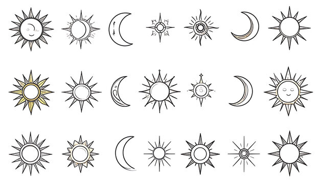 Set of celestial icons and symbols, sun and moon elements, starbursts and light rays, simple outline design for astrology and magic themes