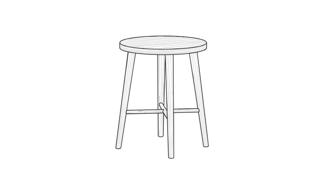 Simple line art drawing illustrates a classic three-legged wooden stool with a round seat perfect for a rustic kitchen or bar area.