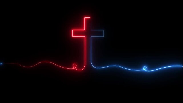 Bright glow flickering neon cross icon. Christianity symbol. Motion graphic video animation. Christian Cross Symbol Animation of an ultra hd christian cross with blue 4k vido