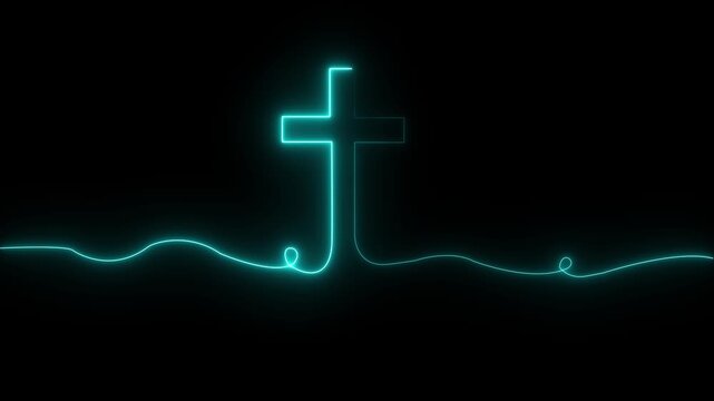 Bright glow flickering neon cross icon. Christianity symbol. Motion graphic video animation. Christian Cross Symbol Animation of an ultra hd christian cross with sign 4k vido