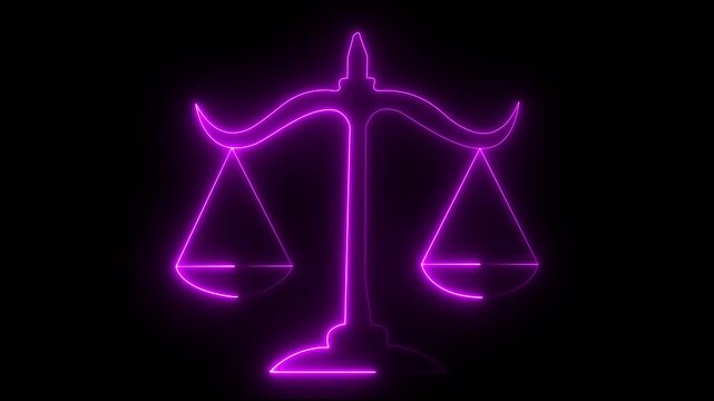 Glowing neon line Scales of justice icon isolated on black background. Court of law symbol. Balance scale sign. 4K VIDEO animation