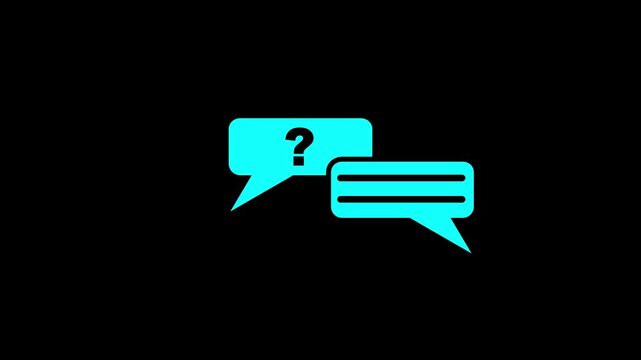 Two overlapping white speech bubbles conversation isolated on black background, representing communication, dialogue, or discussion concept, modern minimalist. 4k video