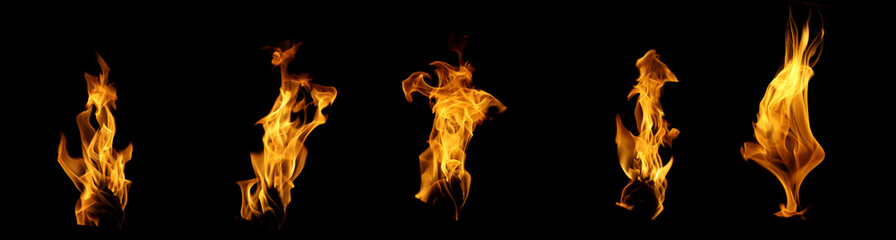 Fototapeta premium Collection of realistic fire flames isolated on black background, blazing orange fire set with burning heat, smoke effect, energy, danger, campfire, and dramatic design element.