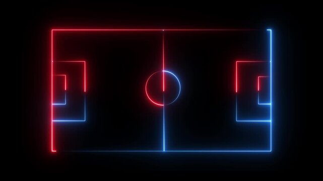Animation of neon sports stadium on black background with neon lights match football isometric field video animation, Soccer field stadium or football 4K VIDEO