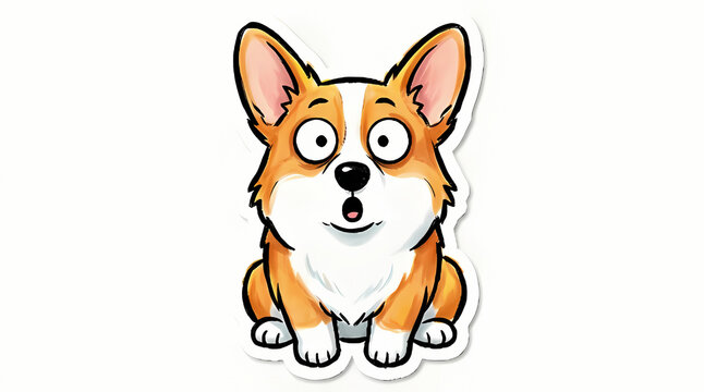 Surprised Corgi Face: An animated illustration of a Pembroke Welsh Corgi with wide, startled eyes and an open mouth, conveying a sense of shock or amazement.