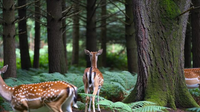A group of spotted fallow deer walk through a lush green pine forest with ferns.