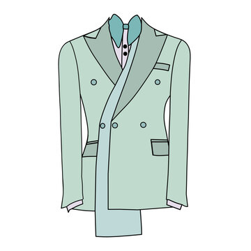 An illustration of a green tuxedo dress with a light green bow tie. Illustration of a theme about men's fashion.