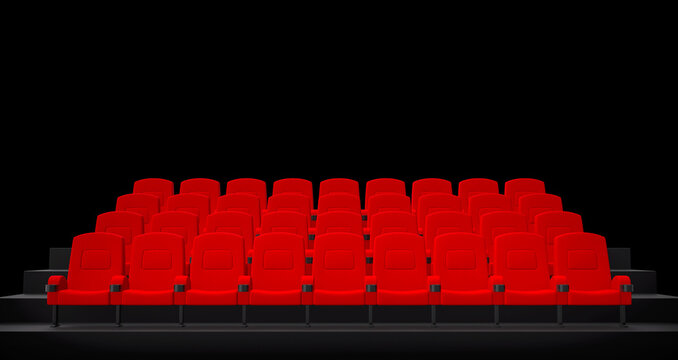 Seats row in the movie cinema theater. Armchairs for watching films and movies. Film festival auditorium. Empty concert hall. 3D Illustration