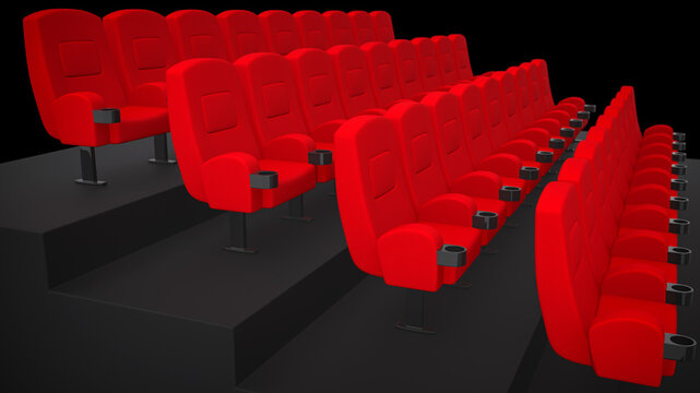 Seats row in the movie cinema theater. Armchairs for watching films and movies. Film festival auditorium. Empty concert hall. 3D Illustration