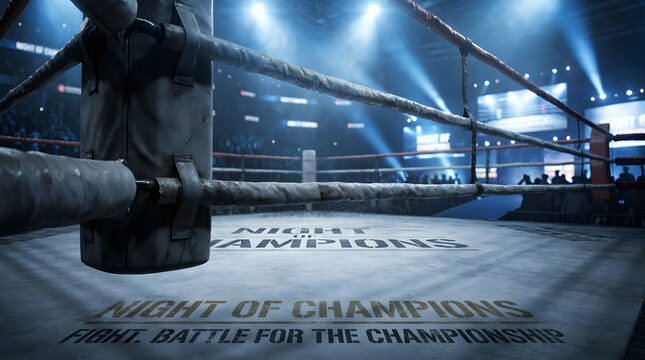 Empty Boxing Ring with Championship Lighting and Ropes in a Stadium Arena. Generated AI