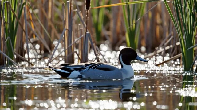 Male northern pintail duck swimming peacefully in a sun-dappled pond amidst reeds and foliage, a serene nature scene.