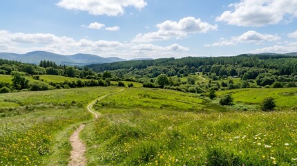 Obraz premium Scenic winding trail through lush green meadows and distant mountains on a sunny day