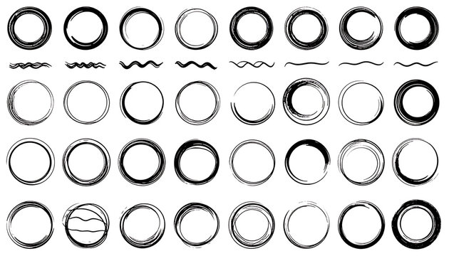 Set of diverse circular grunge stamp textures, imperfect distressed borders, rough outlines, graphic elements for weathered design