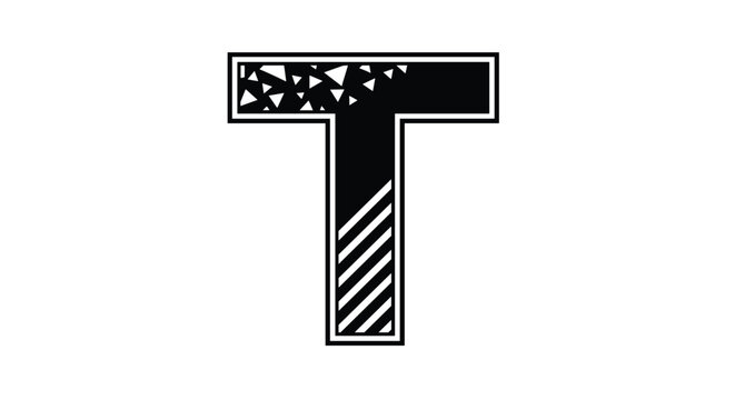 Capital letter T is rendered in a bold black style with a fragmented corner and diagonal white stripes on its stem for a modern look.