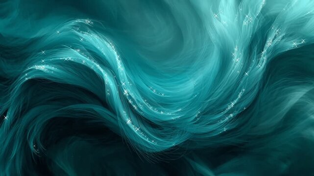 Abstract Teal Flowing Waves with Ethereal Sparkling Particles