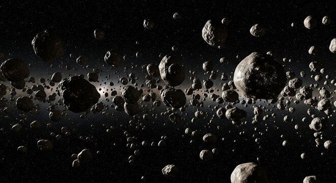 Asteroid belt in space with numerous small rocky objects