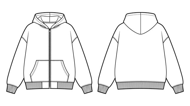 Full Zip Up Hoodie technical fashion illustration. hoodie vector template illustration. front and back view. regular fit. zipper. unisex. white color. CAD mockup.