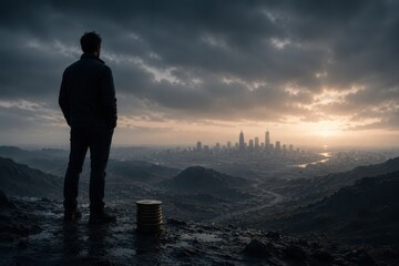 Fototapeta premium A person stands on a rocky hill overlooking a city skyline at sunset under a cloudy sky, with coins stacked nearby.