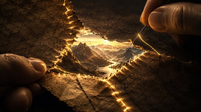 Hands Stitching Torn Paper with Golden Thread Revealing Mountain Landscape