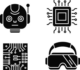 Naklejka premium Black and White Silhouette Icons Depicting Robot Head, Microchip, Circuit Board and Virtual Reality Headset in Modern Technology Design