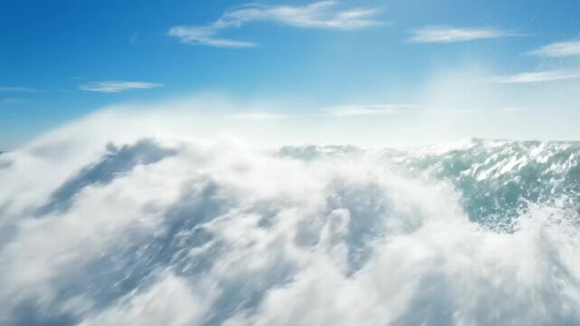 Epic ocean wave crashing under a bright blue sky with wispy clouds, creating a dramatic, powerful scene