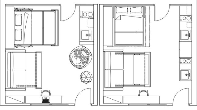 studio apartment floor plan symbols. top view hotel furniture. bed and kitchenette cad symbol. architectural technical drawing.