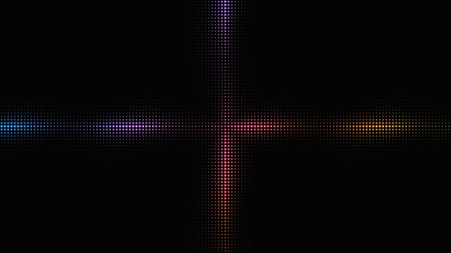 Intersecting multicolored halftone light beams moving on black