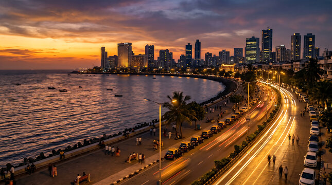 Mumbai Marine Drive Skyline at Dusk with Traffic Light Trails