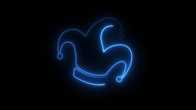 Abstract glowing neon Glowing Neon Jester joker Hat Icon Animation on Black Background. Neon Clown Hat with Bells . Casino gambling .