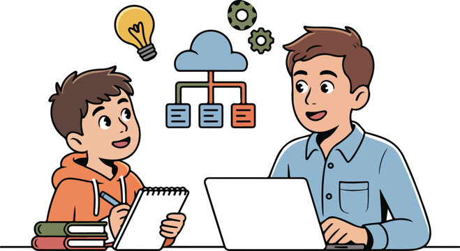 Cartoon illustration of a teacher explaining cloud computing and database to a student