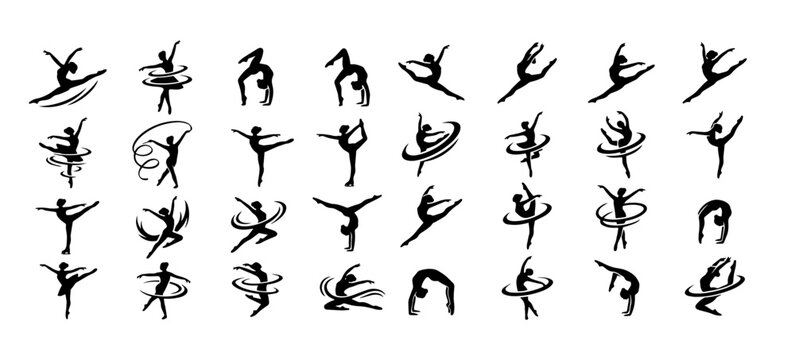 Gymnasts and dancers silhouettes set. Vector rhythmic gymnastics action poses.