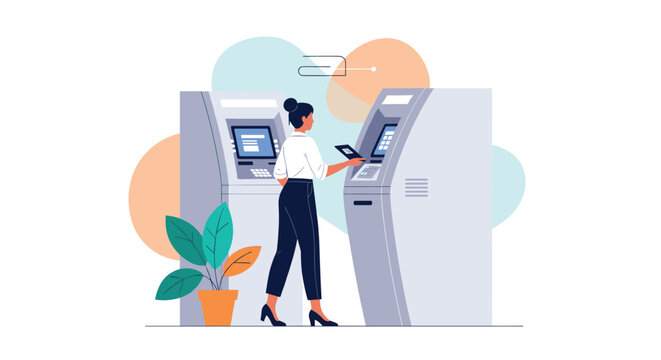 Young woman using an automated teller machine to withdraw cash or check her bank balance in a modern banking environment with terminals.