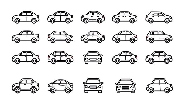 Set of pixel art cars, different models and angles, isolated on white, transportation icons, simple vehicle outlines