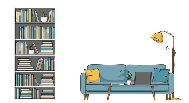Minimalist living room setup with a large white bookshelf filled with books, a teal sofa with cushions, and a tall floor lamp for reading.