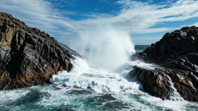 Epic ocean wave crashing through narrow rocky passage with white foam under a blue sky
