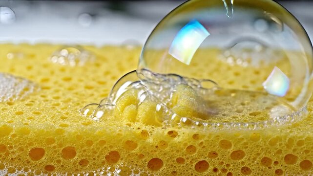 Closeup of water droplet creating bubbles on a yellow sponge.