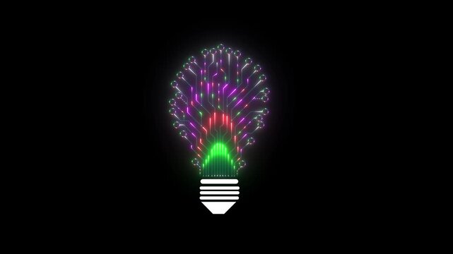 Bulb circuit animation by blue and pink color neon on black background. Modern education technology background, moving light bulbs in a cycle, using technology