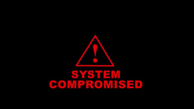 A warning alert indicating a compromised computer system with a red caution message on a dark background. Motion graphic of concept 4k video animation