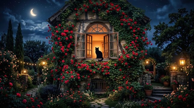 Stone cottage covered in red roses with black cat sitting in open window in moonlit garden pathway at night