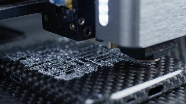 Close-up of cnc machine engraving carbon fiber phone case