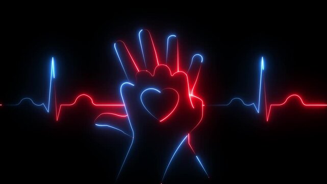 emergency neon heart beat with love icon conveys romantic love and passion. neon Heartbeat Line, ECG Cardiology Concept For Medical Health Care And Wellness, representing 4k video animation