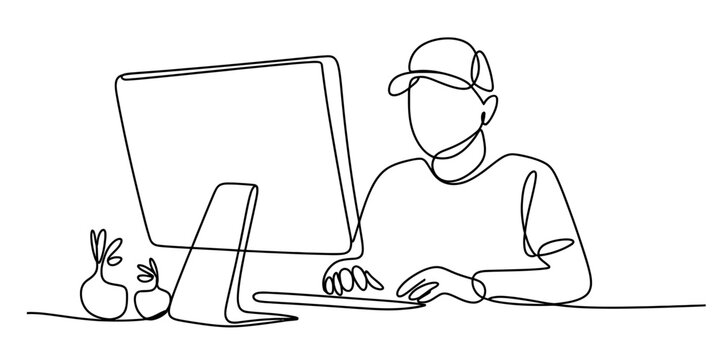 Man wearing cap working on computer line art drawing