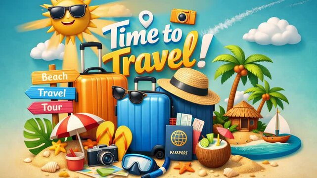 Vibrant travel collage with colorful suitcases, passport, sunglasses, straw hat, beach umbrella, palm trees, tropical hut, boat and sunny sky surrounding a Time to Travel slogan