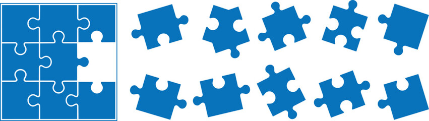 Set of blue puzzle pieces and completed square grid pattern with missing piece complete solution strategy thinking illustration isolated collection interlocking © manosh