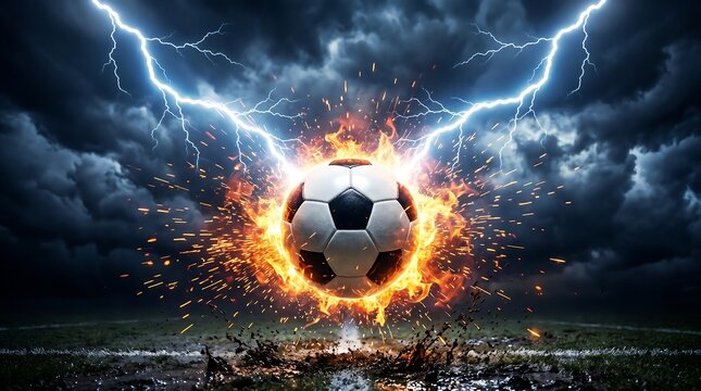 Soccer ball on fire with lightning strikes and sparks on a dark stormy field background