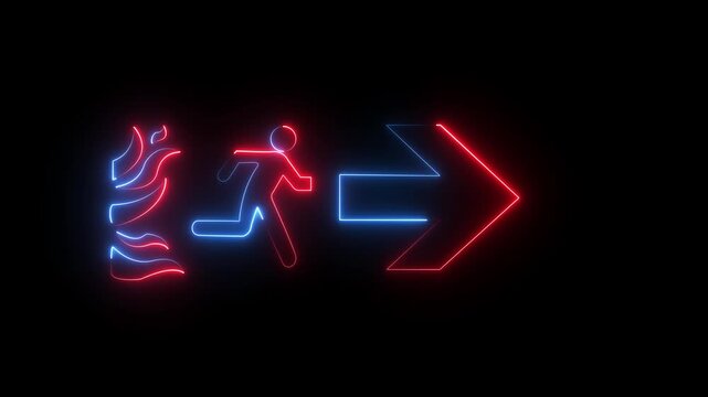 Animated neon exit showing fire hazard and emergency evacuation on black background Motion graphics of concept 4k video